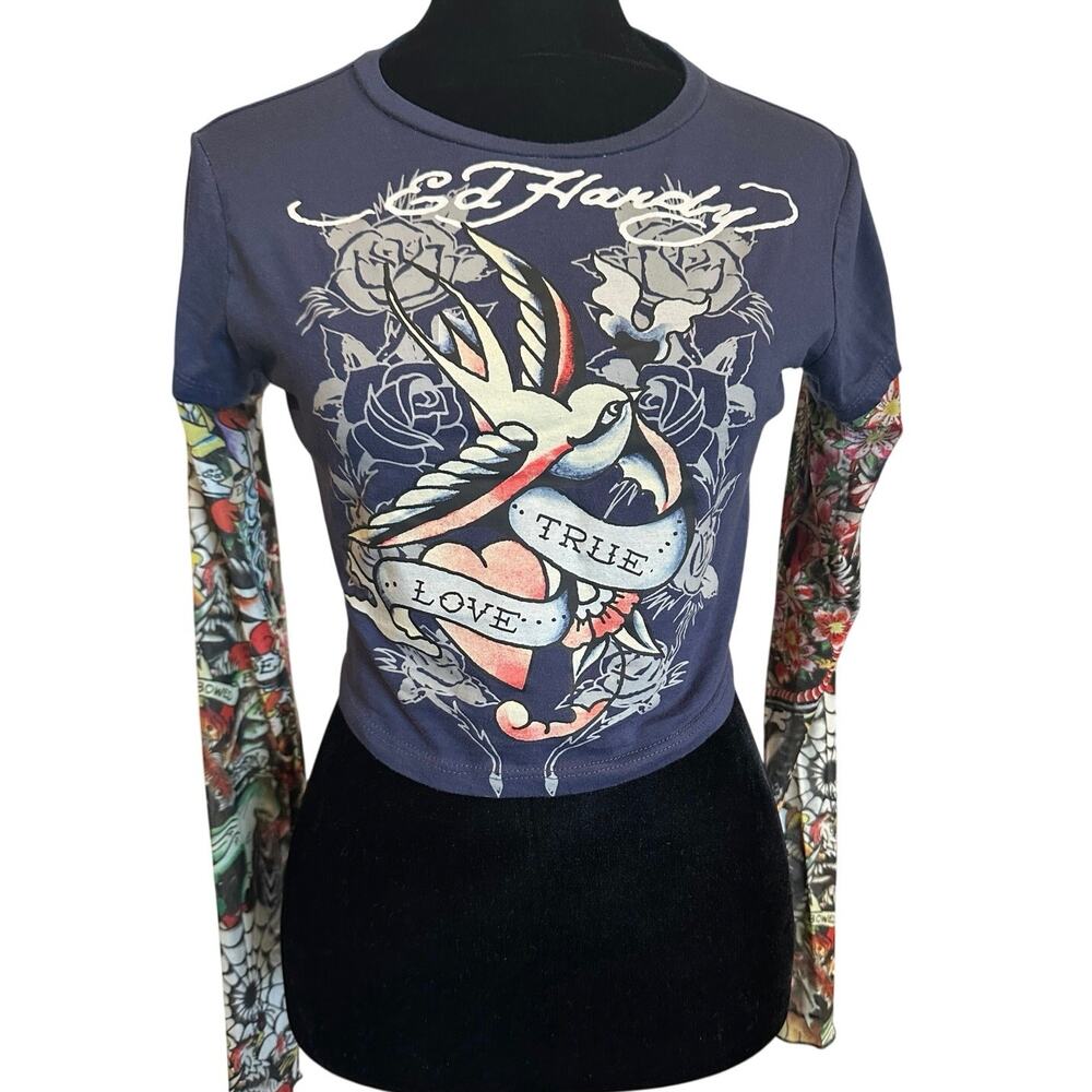 Ed Hardy Twofer Top Swallow True Love Tattoo Mesh Sleeve Baby Tee